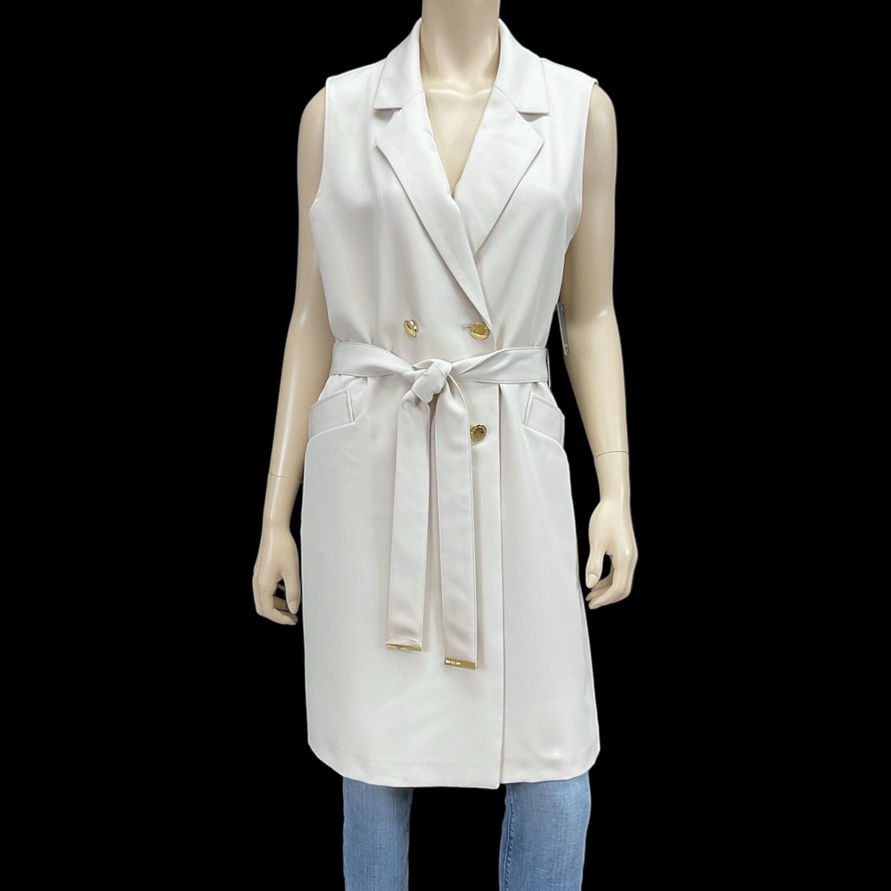 Marc New York Blazer Womens M NWT Light Beige Sleeveless Longline Belted Buttons